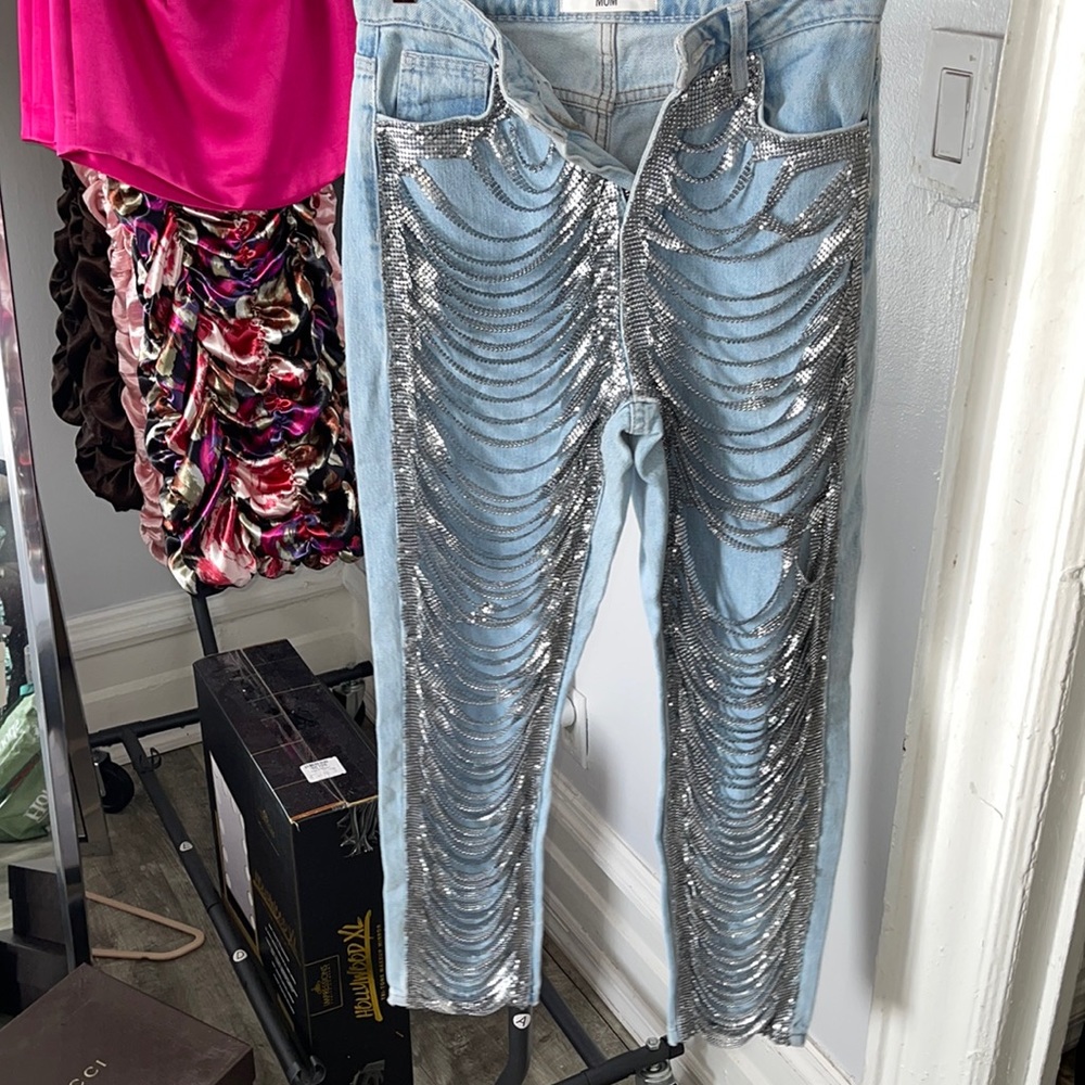 Topshop Moto Mom Denim Silver Tassel Jeans
